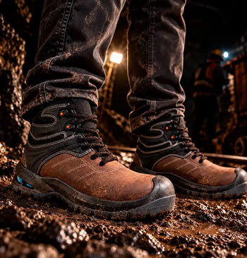 Trabajador utilizando botas de seguridad industriales de piel café con negro en una zona minera con poca iluminación.