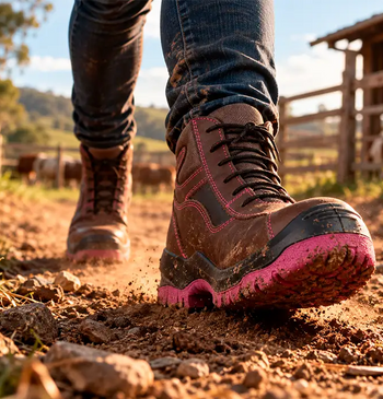 Persona caminando por un sendero de terracería con botas de seguridad de piel café y suela antideslizante fucsia.