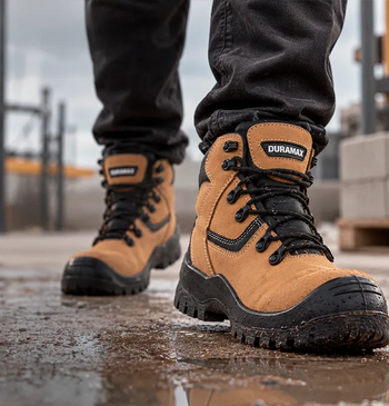 Botas de seguridad industrial de piel color trigo con suela negra en una obra en construcción con bloques de concreto.