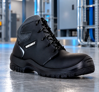 Bota de trabajo negra con cuello acolchado y diseño ergonómico para protección en zonas industriales y plantas.