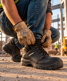 Trabajador con guantes de piel agachado en una obra en construcción ajustando las agujetas de sus botas de seguridad industriales negras.