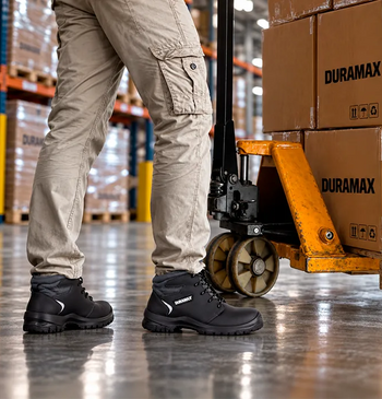 Trabajador con botas de seguridad negras de corte deportivo junto a una carretilla y cajas de cartón en bodega.