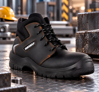 Bota industrial de seguridad negra con costuras en tono naranja y casquillo reforzado sobre piso metálico.