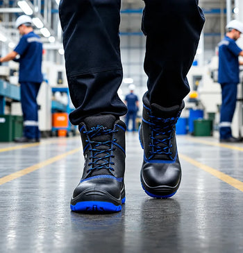 Trabajador caminando por el pasillo de una planta de manufactura portando botas de seguridad negras con acentos azules.