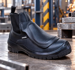 Bota de seguridad industrial negra con elástico lateral y cubierta protectora metatarsal en entorno de taller metalúrgico.