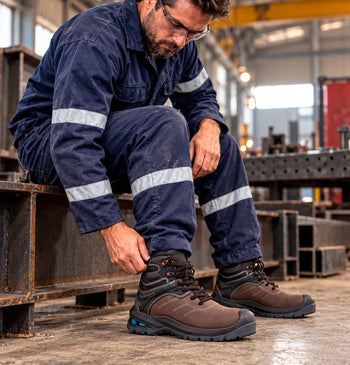 Trabajador industrial sentado sobre una viga metálica ajustando sus botas de seguridad de piel café.
