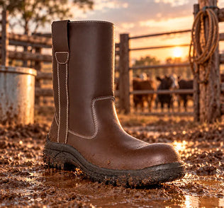 Bota alta de piel color café para trabajo rudo sobre terreno lodoso con un corral y ganado bovino al fondo al atardecer.