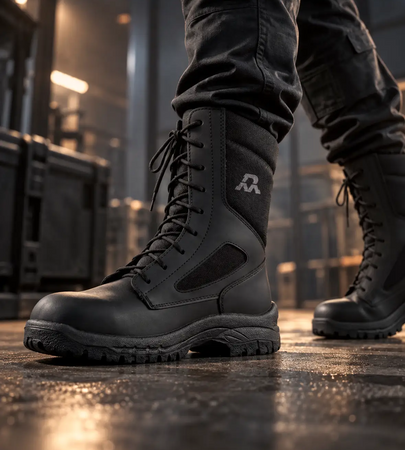 Bota táctica e industrial alta en color negro con cordones y paneles de malla transpirable sobre piso de almacén.