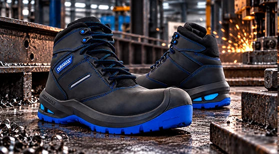 Botas industriales de seguridad en color negro con acentos y suela azul brillante sobre piso metálico de planta metalúrgica.