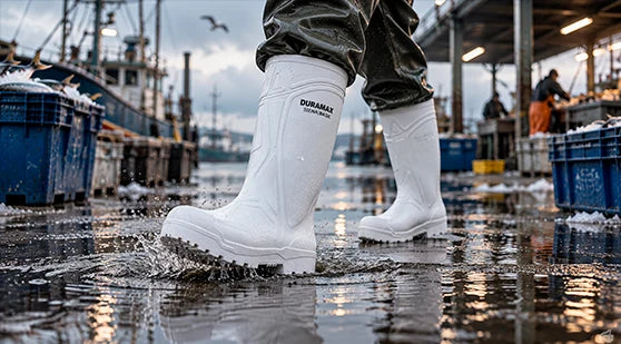 Trabajador caminando con botas de hule blancas impermeables en un muelle industrial con cajas de pescado y ambiente húmedo.