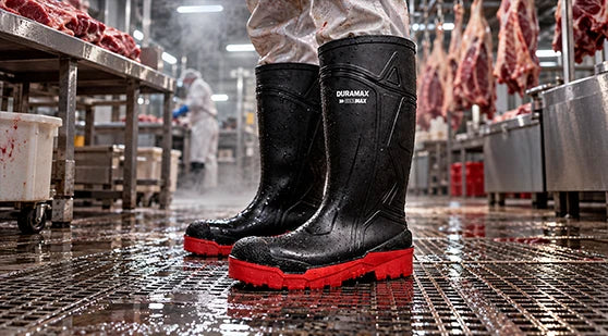 Trabajador usando botas de hule negras con suela roja antiderrapante en una planta procesadora de alimentos húmeda y fría.
