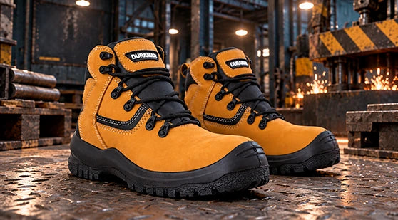 Par de botas industriales de seguridad de piel color amarillo nobuck con suela negra en entorno de fundición y chispas.