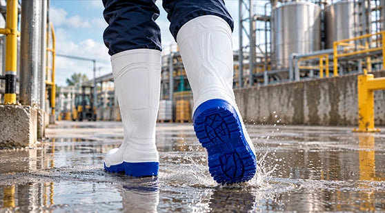 Primer plano de botas de seguridad blancas con suela azul pisando charcos y generando salpicaduras en una planta industrial.