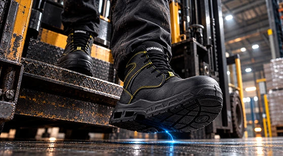 Trabajador bajando de un montacargas usando botas de seguridad dieléctricas negras con costuras amarillas en almacén industrial.