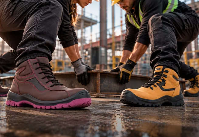 Trabajadores de la construcción manipulando piezas de acero en una obra, utilizando calzado de seguridad industrial especializado.