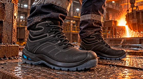 Trabajador utilizando botas de seguridad negras de uso rudo en una planta industrial con tolva de metal fundido al fondo.