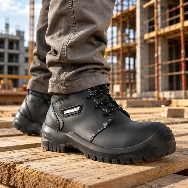 Primer plano de trabajador usando botas industriales negras de seguridad Duramax en una obra de construcción con tarimas de madera.