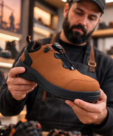 Especialista en calzado industrial sosteniendo un zapato de seguridad café con sistema de ajuste de perilla en un establecimiento.