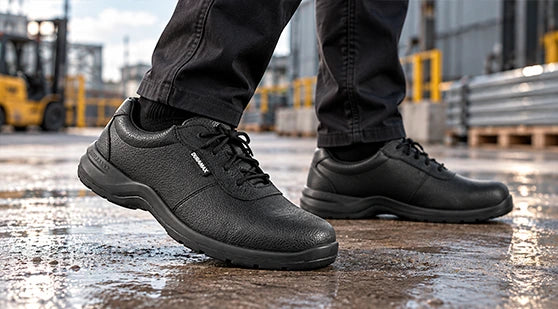 Primer plano de zapatos industriales negros con protección de casquillo para personal de áreas operativas y almacén.