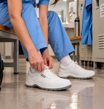 Trabajador del sector salud amarrando las agujetas de sus zapatos ocupacionales blancos en el área de vestidores
