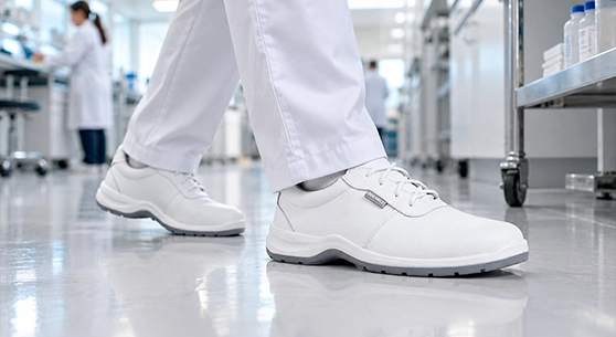 Persona caminando con zapatos ocupacionales blancos antiderrapantes sobre el piso brillante de un laboratorio clínico.