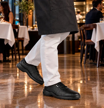 Trabajador con pantalón blanco y delantal negro utilizando zapatos ocupacionales negros de piso en el comedor de un restaurante.
