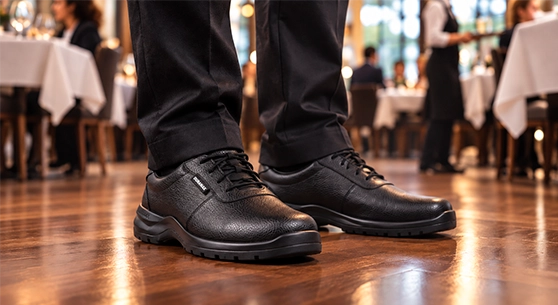 Personal de servicio utilizando zapatos ocupacionales negros de piso en el comedor de un restaurante con mesas elegantes.